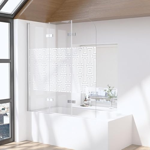 Duschwand für Badewanne 3-teilig 120x140cm Faltbar Duschabtrennung, Silber Badewannenaufsatz Duschtrennwand 6mm ESG Sicherheitsglas, Labyrinthe Streifenmuster Falttür Badewannenfaltwand