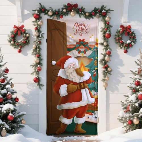 LEMESO Copri Porta Natalizio Decorazione Natalizia per Porta Ingresso Copriporta Natalizio 90x200cm Universale con 3 Adesivi Magiche Telo per Sfondo Foto