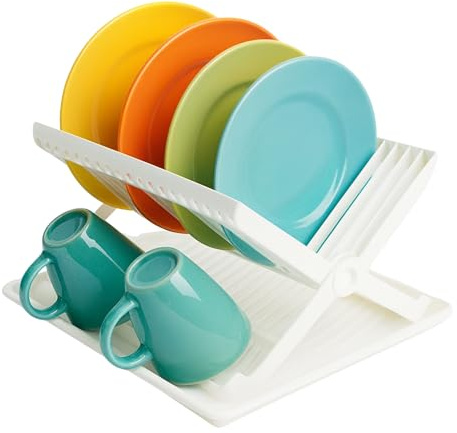 CHEFZOCO Escurreplato Plegable de plastico, Escurridor de Platos, Escurridor Fregadero de 2 módulos, con Bandeja Anti-Goteo, Organizador de vajilla, 37 cm Largo, 33 cm Fondo y 21 cm Alto, Blanco