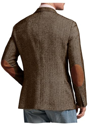 DRCUIVS Mens Tweed Blazer with Brown Elbow Patches Herringbone Sports Coat Jacket Spring Fall Business Formal Brown 6XL