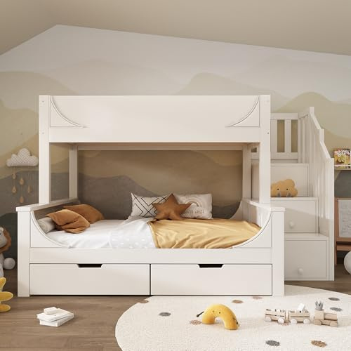 AYOROF Bunk Beds for Kids, Staircase Bunk with Drawers and Storage, Children's Bed with Storage Unit, Double Bunk Bed for Family with Multiple Children, (90+135) x 190 cm, Solid Wood, White