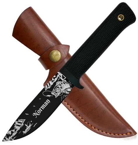 ADAM WILD Angelmesser mit Gravur | schwarze Klinge | Geschenke für Angler | Personalisiertes Anglermesser, Name & Motiv graviert | robuste Edelstahlklinge & gummierter Griff | inkl. Messerscheide