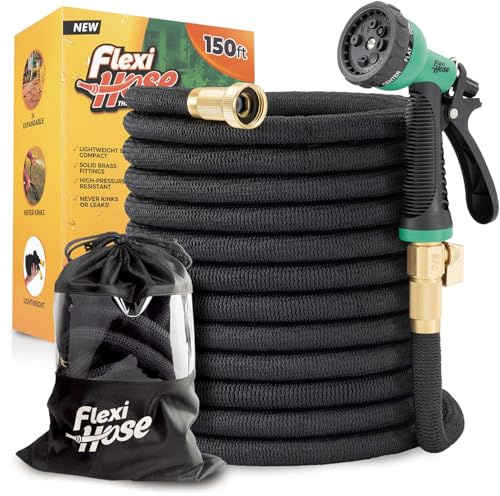 Flexi Hose Plus Expandable Garden Hose with 8 Function Nozzle, 150FT - Lightweight Retractable Garden Hose, Water Hose - No-Kink Flexibility, 3/4 Inch Solid Brass Fittings Includes Hook & Bag