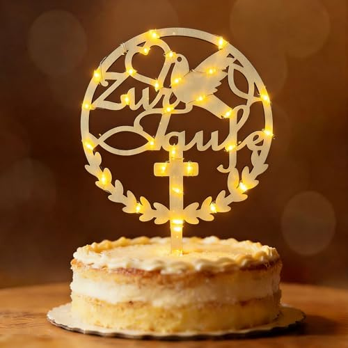 Seutgjie Tortendeko Taufe Cake Topper Holz mit LED Licht | Kuchen Deko Taufe Junge Mädchen