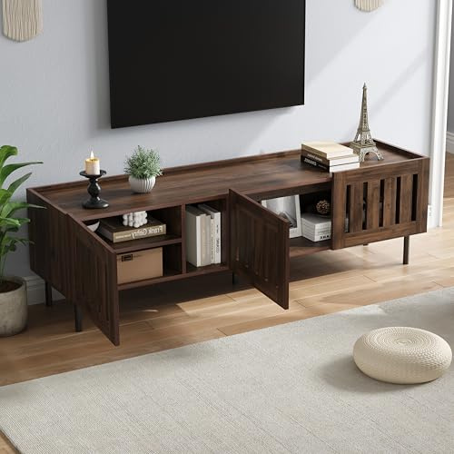 Aunvla 160 x 40 x 47 cm, mueble minimalista para TV, soporte de TV de color nogal, armario con diseño calado, tablero de TV adecuado para televisores de 65 pulgadas, tablero de fibra de densidad media