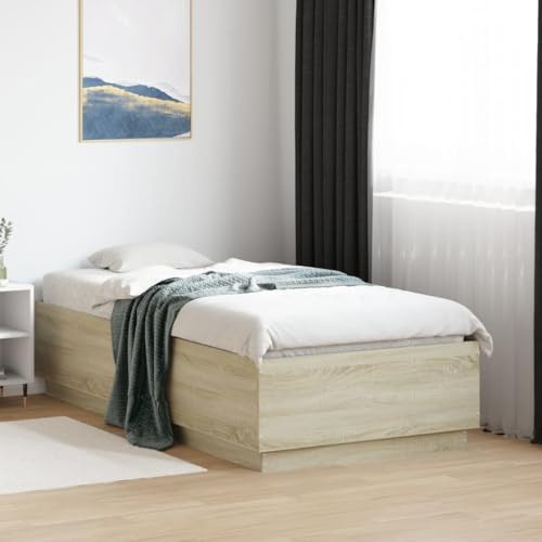 QJBSAVVA Bettgestell 90x190 cm Sonoma Eiche Massiv Optik Holzwerkstoff Modernes Jugendbett mit Sperrholzlatten Lattenrost Stabil für Gästezimmer Jugendzimmer und Single Schlafzimmer