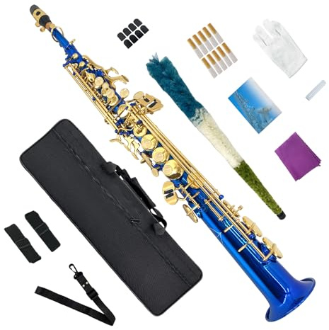 Conboxus Straight Bb Soprano Saxophone Brass Woodwind Instrument Beautiful Blue Lacquer straight Sax for Beginners Combo Set with Carrying Case Accessories