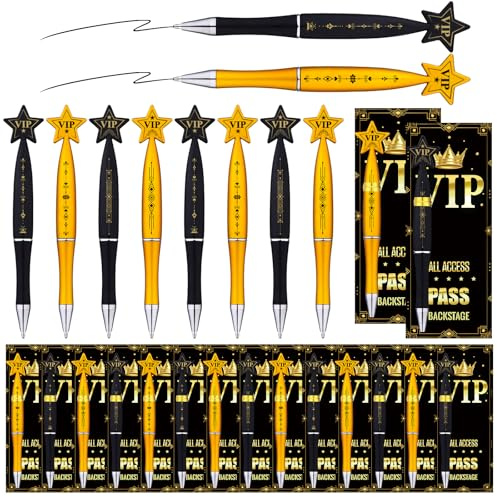 LTEIWFPE 24 Sets VIP Star Ballpoint Pens Gifts Black and Gold Plastic Pen Bulk Pass Cards with Transparent Bag Cable Ties Party Favors for Concert Movie Night Award Event Birthday Decor