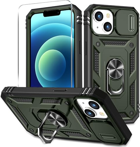 HAONANDE Custodia per Apple iPhone 13 / iPhone 14 con 1 Vetri Temperati, Cover Antiurto Grado Militare 360° con Copriobiettivo Scorrevole e Anello Magnetico per Supporto Auto Verde nero