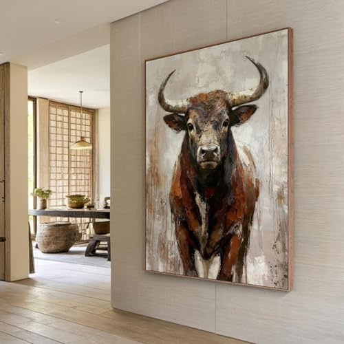 CAOXTART Cuadro de toro grande | Arte rústico de pared con animales | Pósteres y láminas texturizadas hechas a mano para decoración moderna de sala de estar (80 x 120 cm/sin marco)