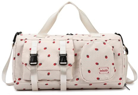 Bolsa Deportiva Niños Bolsa de Viaje Mujer con Compartimento para Zapatos y Compartimento Ropa Mojada Estampado de Fresas Bolsa de Mano para Viajes Fitness Deportes Escuela Viajes de Negocios (Beige)