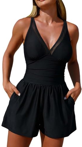 Traje de Baño de Una Pieza para Mujer Sexy con Control Halter Cuello en V Acolchado Elegante Adelgazante Bañador Mujer con Falda con Shorts de
