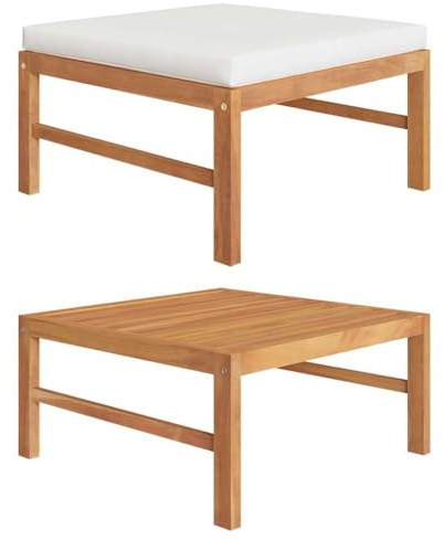ULUYYUC Fußhocker aus Teak Massivholz mit cremefarbenem 5 cm Sitzkissen 62,5 x 62,5 x 30 cm Modernes Design Robust und Langlebig für Garten Terrasse Balkon und Lounge Outdoor