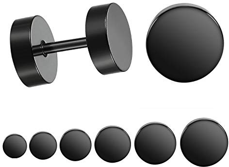 LIEBLICH Black Stud Earrings Men Women Faux Gauges Ear Tunnel Stainless Steel Earrings 6 Pairs 5mm-10mm
