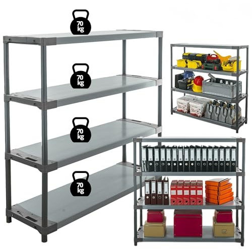 MODO24 Kunststoffregal Jupiter 138x140x46 cm, 4 Ablagen à 70 kg, Lagerregal aus Kunststoff für Keller, Garage, Vorratsraum, Werkstatt, Kellerregal, Steckregal modular, Plastikregal, Farbe: Grau
