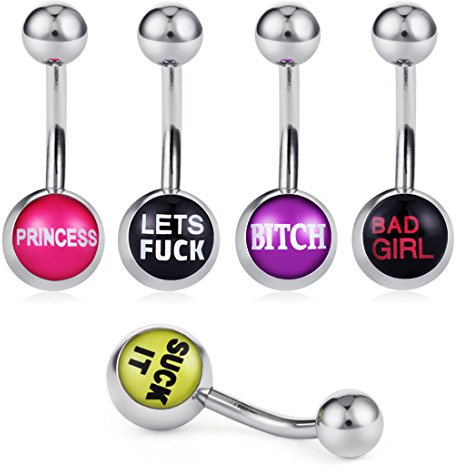 COTTVOTT Belly Button Rings with Cute and Sexy Letters Navel Piercings Body Jewelry (5pcs Mix)