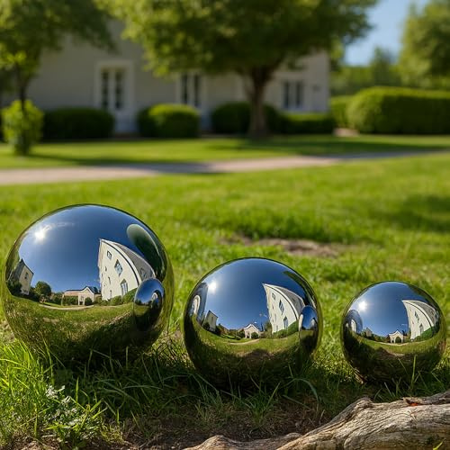 Köhko 3er Gartenkugeln poliert aus hochwertigem Edelstahl 15, 20 und 25 cm Dekokugeln-Set