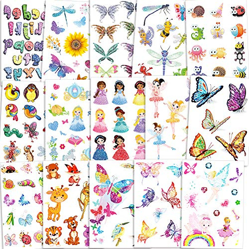 Qpout 180pcs Glitzer Tattoos für Kinder, Glitzer Flash Temporäre Tattoos Blumenfee/Disney Princess/Schmetterling/Tier Tattoo Aufkleber für Mädchen Kinder Geburtstagsfeier Geschenkbeutel Mitgebsel
