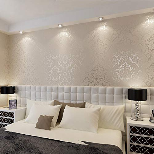 Rouleau de papier peint YangYun de européen vintage damassé en PVC texturé pour décoration de la maison, salon, chambre à coucher, 0,53 m x 10 m = 5,3 m², PVC, Crème et blanc., 1.73' W x 32.8' L