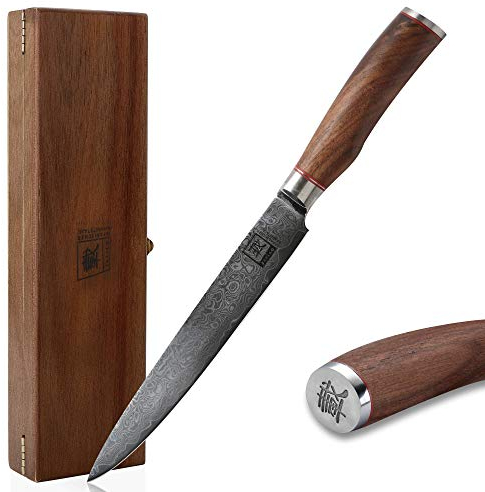 Zayiko Kurumi Premium Tranchier- & Fleischmesser mit 20 cm Klinge gefertigt aus 67 Lagen echtem Damaststahl mit Nussbaumgriff I Holzbox I Damastmesser Küchenmesser und Profi Kochmesser