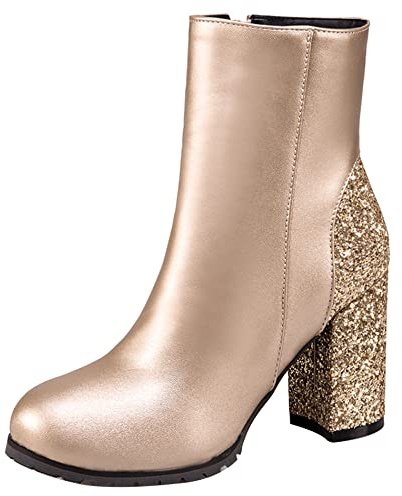 Botines Mujer Tacón Ancho, Botas de Fiesta Tacón Alto Punta Rojoonda Botín Zip Lentejuelas, Talla 31-50