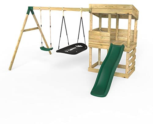 Rebo® Wooden Lookout Tower Playhouse with 6ft Slide & Swings - Badlands | Outdoor Toys | Boat and Regular Swings - Perfect for Gardens - Pressure Treated Timber