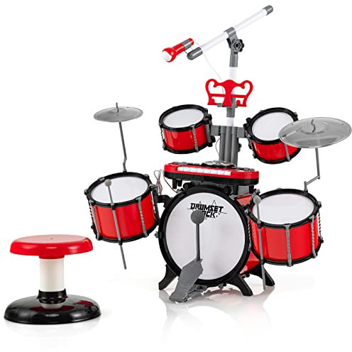 COSTWAY Set di Batteria per Bambini, Batteria Jazz con Tastiera Microfono e Leggio, Strumento Elettrico con Sgabello, Regalo per Bambini 3+ Anni, Rosso
