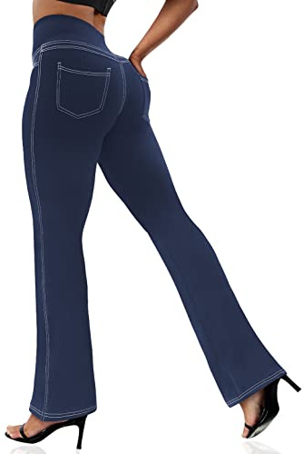 VOOVEEYA Women's Bootcut Leggings - Bootleg Yoga Pants Flare with 4 Pockets,Tummy Control High Waisted Casual Dress Pants（Bootcut-Navy Blue-L）