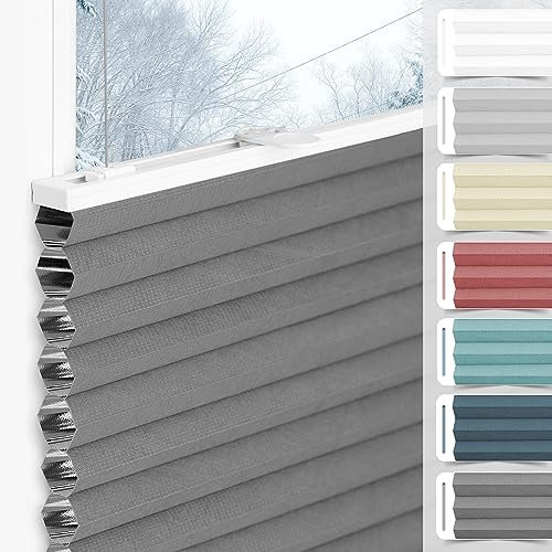 Wabenplissee Plissee ohne Bohren Verdunkelung Klemmfix Thermo Verdunklungsplissee, Grau-Weiß 90x120cm(BxH), 100% Verdunkelnd & Sicht- & Schallschutz, Wärmeisolierung für Fenster & Tür
