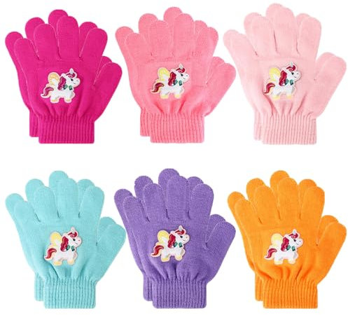 Jupsk Kinder Winterhandschuhe Fingerhandschuhe Vollfinger Warme Strickhandschuhe Einhorn Radhandschuhe für Mädchen Jungen, 4-9 Jahre Alt, 6 Paare