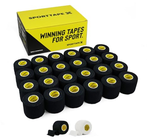 SPORTTAPE Tearable Elastic Adhesive Bandage, 24 Rolls - 5cm x 4.5m - Black | Strong-Grip EAB, Breathable Sports Tape for Rugby Lifting, Joint Support, Compression, Wrist, Ankle & Hook Grip Thumb Taping
