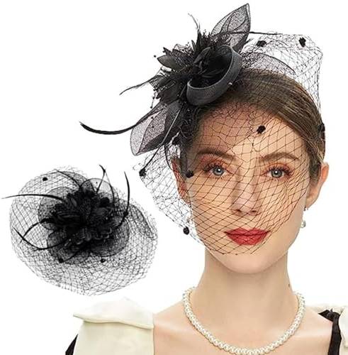 scalingscal Fascinator Hut Vintage Schleier Hut, Faszinator Hut Schleier Haarnadel, Schwarzer Schleier Damenhut Elegant, Hochzeit Cocktail Mesh Stirnband, Schleier Mesh Stirnband Haarschmuck Damen