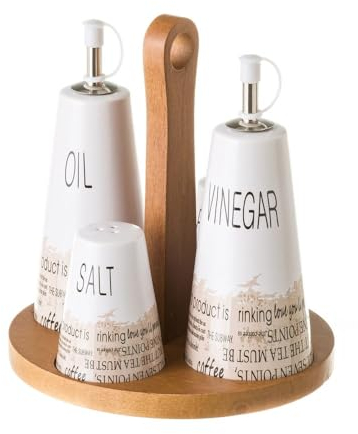 Juego de Aceitera, Vinagrera, Salero y Pimentero con Cenefa de Stoneware Blancos (Juego aceitera)
