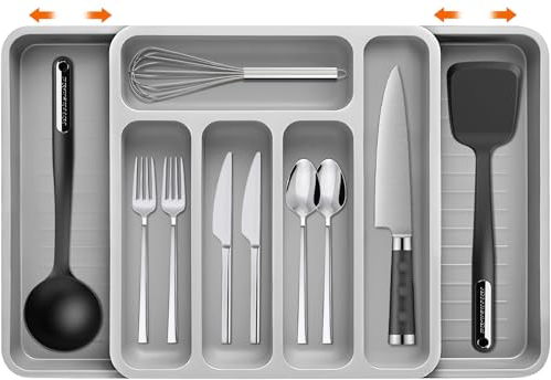 BGIUSQF Portaposate da Cassetto, Vassoio Portaposate Espandibile per Cassetti, Porta Posate Cucina Cassetto, Organizer Cassetti Cucina 7 Scomparti, per Cucchiai, Forchette e Coltelli, Grigio