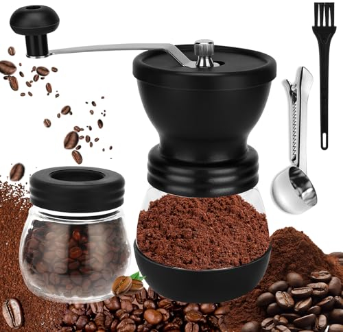 Kasanni Molinillo Cafe Manual PortáTil Molinillo De Cafe Manual Mango De Acero Inoxidable Molinillo De Café Manual Viene Con Dos Frascos De Vidrio Para Café Expreso, Hogar, Oficina, Viajes y Camping.