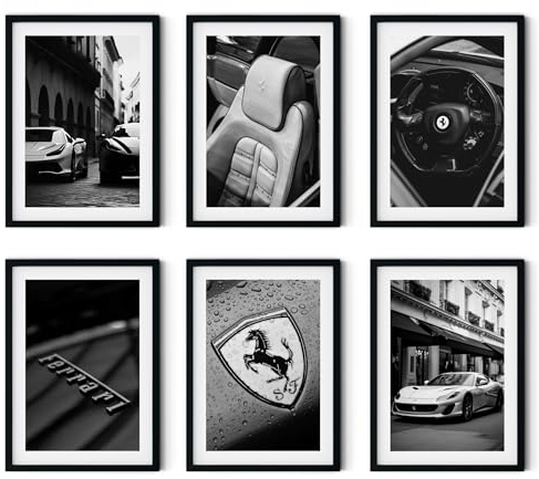 MJ-GRAPHICS® - Mood Poster Set Ferrari Vintage - Wohnzimmer Deko Schlafzimmer Büro Kinderzimmer - Ferrari-Liebhaber Wandposter - 6xA4 Art Kunstdruck - Oldtimer, Mode Fashion, Vintage - ohne Rahmen