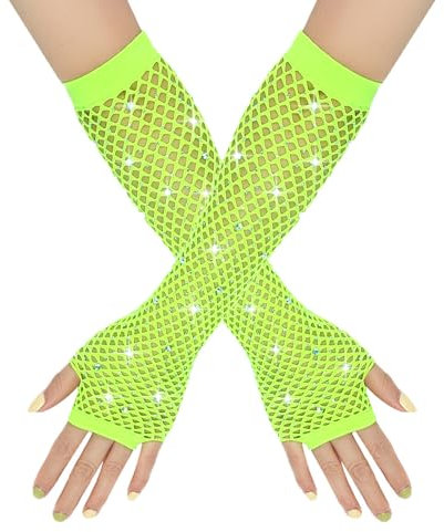 BrightGlow Netzhandschuhe Damen Lang Fischnetz Fingerlose Handschuhe Strass Mode Lang Netz Mesh Handschuhe Abendhandschuhe Opernhandschuhe für 80er Jahre Kostümparty Zubehör Grün Einheitsgröße