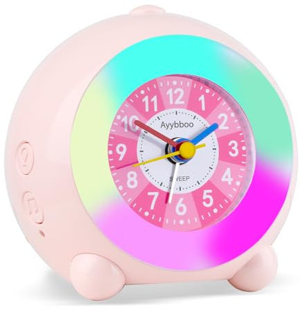Ayybboo Wecker Kinder Analog Ohne Ticken Mädchen Jungen,Kinderwecker mit Buntes Nachtlicht,Snooze,6 Klingeltöne,Einstellbarer Lautstärke,Lernwecker für Schulanfänger (Rosa)