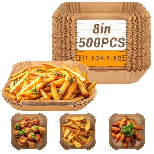 500Pcs Air Fryer Paper Liners, 8” Square Disposable Parchment Paper Liner for 5-8 QT Air Fryer, Non-Stick, Oil Proof Unbleached Airfryer for Baking, Roasting Microwave