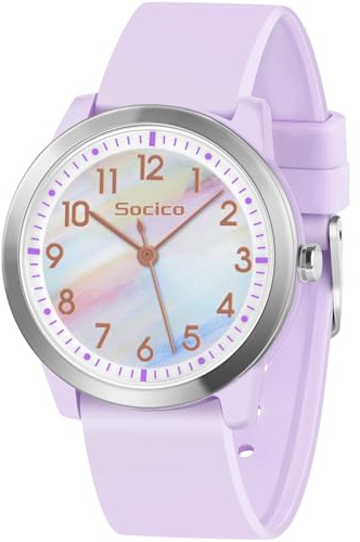 SOCICO Kids Watch Analogue, 5ATM/50M Waterproof Wrist Watch Children Girls Boys Teenagers Easy Read Kids Quartz Minimalist Watches for 8-18 Years (PurpleRainbow)
