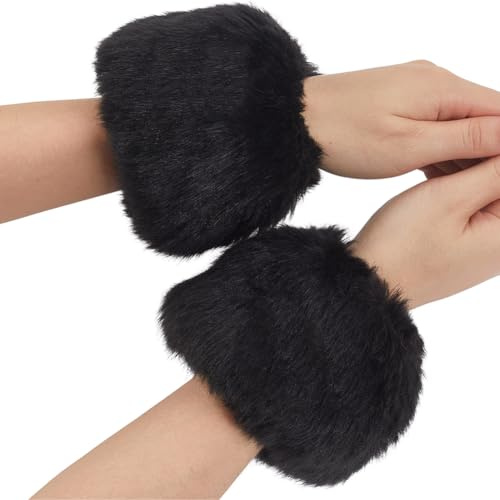 CABODYALS Schwarze Pelzmanschetten, Stulpen aus Kunstfell, weich, kurz, Winter, winddicht, Plüsch, weich, lange Ärmel, Handschuhe, Bündchen, Ärmel für Frauen, Armbänder,