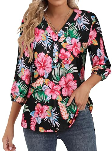 WIEIYM 3/4 Sleeve Womens Floral Print T Shirt Summer Hawaiian Shirts V Neck Flower Blouses Tunic Casual Buttons Down Shirt Tops Red