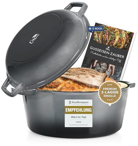 Ottia Cast Iron Pot, 26 cm, Lid as Pan, Premium Enamel, Casserole Pot, Cast Iron Pot, Dutch Oven, Bread Baking Pan, Bread Baking Pot, All Types of Cookers (including Induction), Oven-Safe, HH
