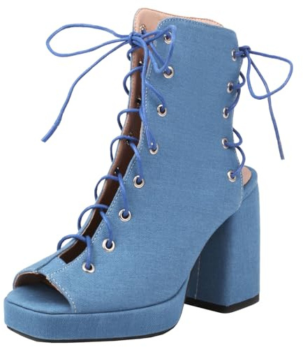 XIEPP Stivaletti da donna con tacco aperto e tacco piccolo Stivali estivi con plateau con allacciatura regolabile, Blu, 40 EU