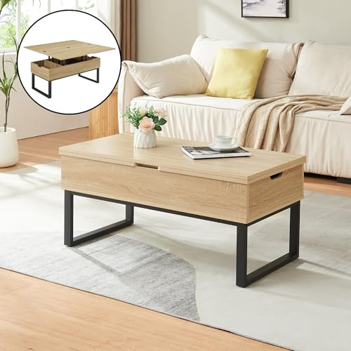 [en.casa] Mesa de Centro Rauli Mesa Baja Rectangular con Tablero Elevable y Extensible con 3 Compartimentos Internos Mueble Auxiliar Mesita para Salón 100 x 50 x 47 cm - Efecto Roble