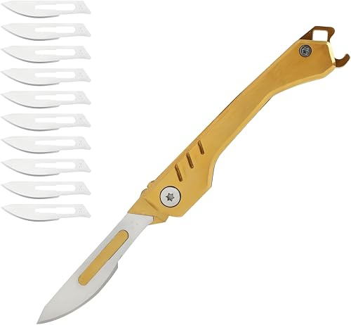 Anrbb Mini Klappmesser, Skalpell Klappmesser mit 10 Ersatzklingen Schnitzmesser, Mini Taschenmesser, Edelstahl Outdoor Taschenmesser Klein für Outdoor Camping, DIY Art Work Cutting (Gold)