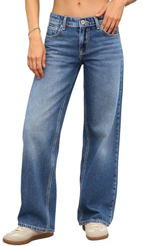 ELLEVEN Women's Low-Rise Baggy Jeans, High Stretchy Y2K Wide Leg Jeans Boyfriend Straight Leg Denim Pants, Blue Denim, 10
