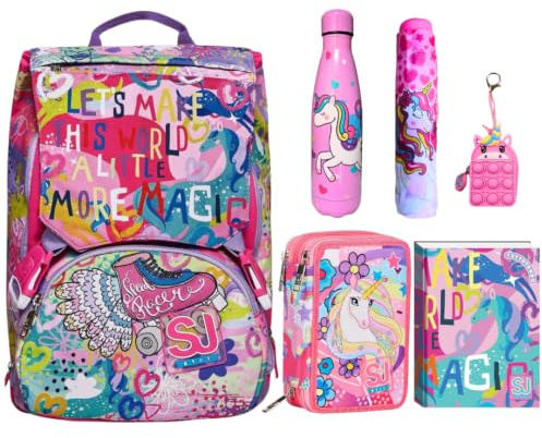 SJ Gang Set Scuola, Zaino Estensibile con Borraccia, Astuccio, Diario, Portamerenda e Gadget, Rosa e Lilla (Unicorno)