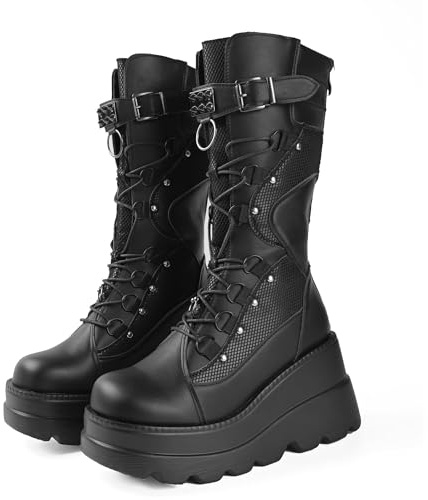 Gothniero Stivali neri con piattaforma al ginocchio, stile gotico, da donna, da combattimento, da moto, rave, gotici, leggeri e confortevoli, con punta di taglia 35-43
