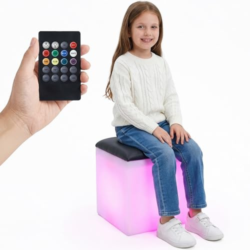 Special Supplies LED Cube Light‑Up Chair/Table Set – Color Changing Glow Cube Furniture, Mood Lighting, RGB LED Seat/Table for Sensory Play, Home and School (12)
